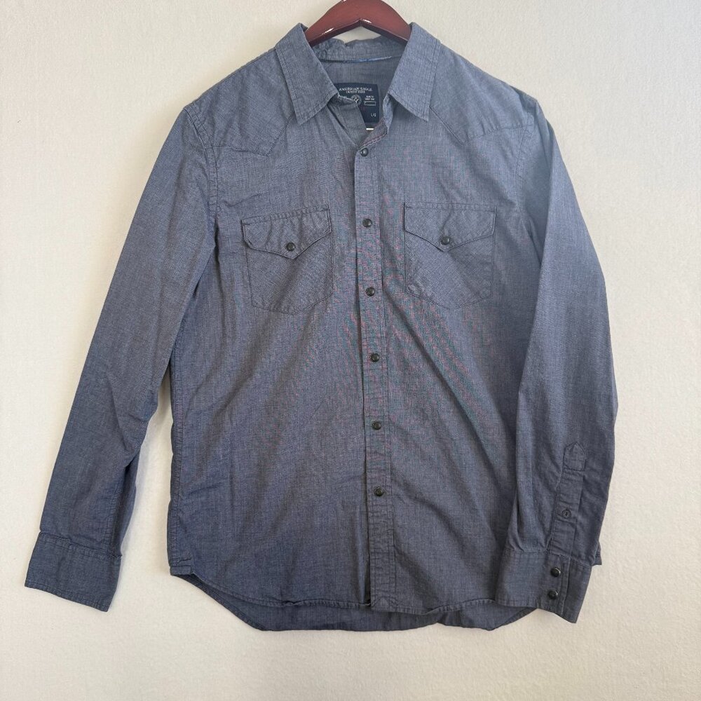 American Eagle Button Down Shirt Men's L Blue Vintage Fit Long Sleeve Snaps